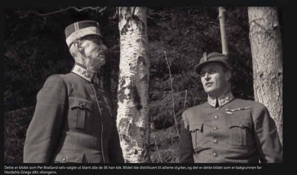 Per Bratland’s famous image of father and son, King Haakon and Crown Prince Olav, sheltering in a wood during a bombing raid on Molde in late April 1940. 
