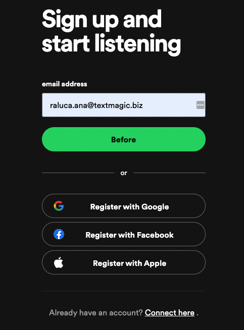 Spotify landing page form