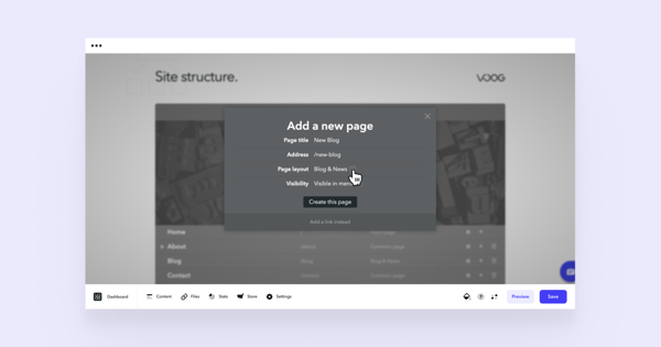 Creating a new page in the structure view and choosing 'Blog and News' as the layout