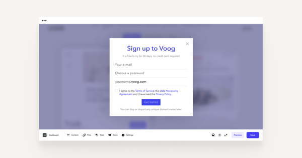 The signing up to Voog view