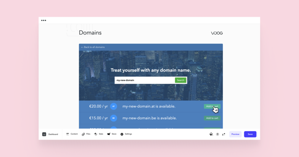 Voog available domains search bar and results with assigned prices and "add to cart" button" for available tlds