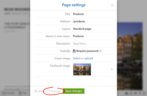 Page settings in Voog website menu 