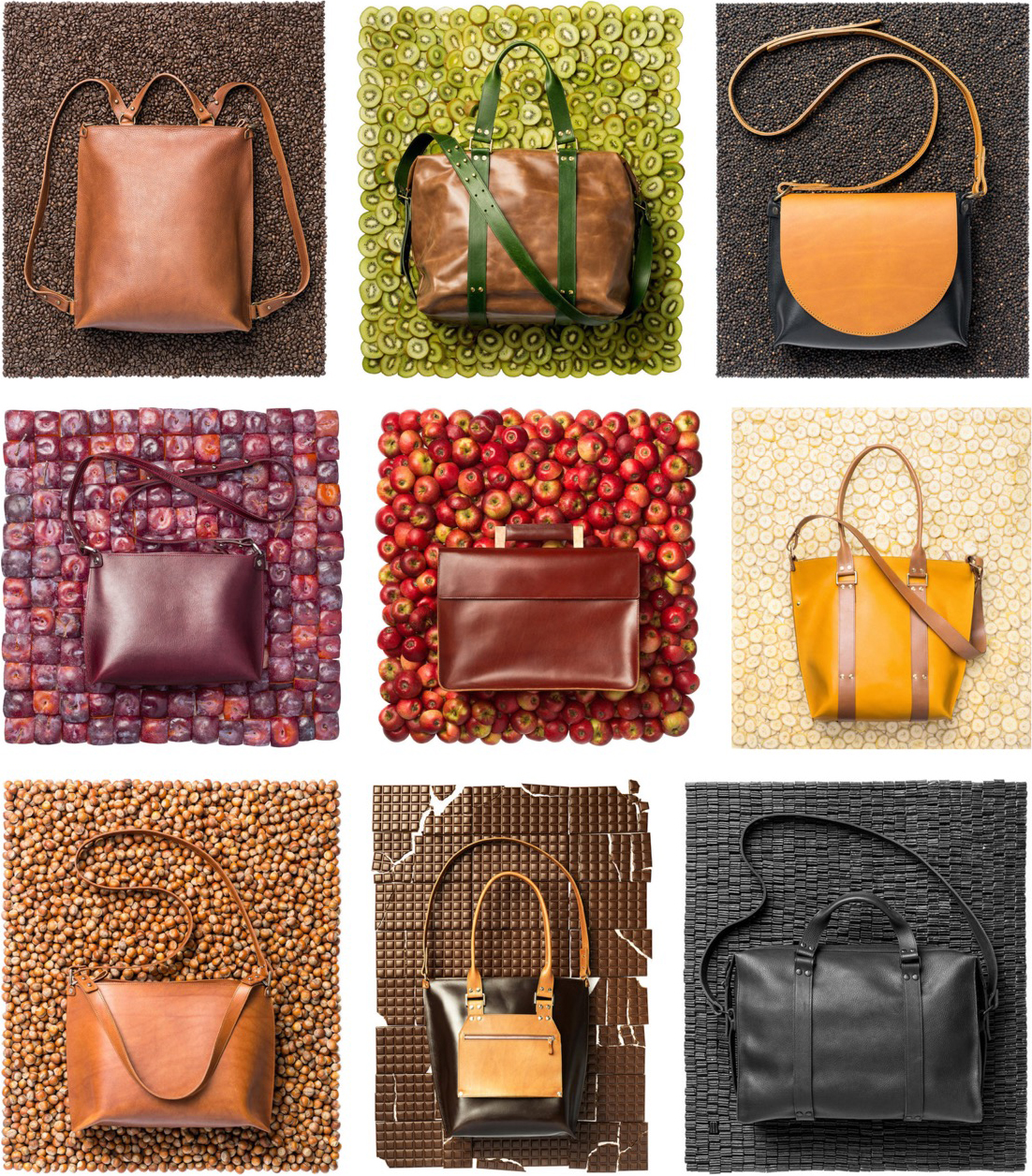 6 leather bags against organic backgrounds