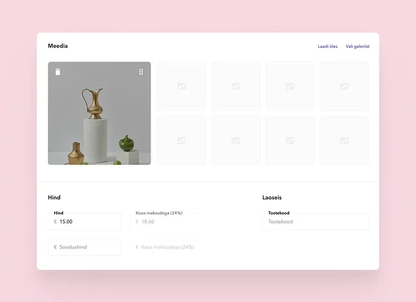 'Muuda toodet' vaates toote hinna sisestamine. 'Muuda toodet' vaates toote hinna sisestamine.