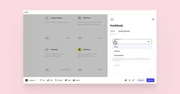 Veebihaagi seadistuse aken, kursor kategooria rippmenüül. Veebihaagi seadistuse aken, kursor kategooria rippmenüül.