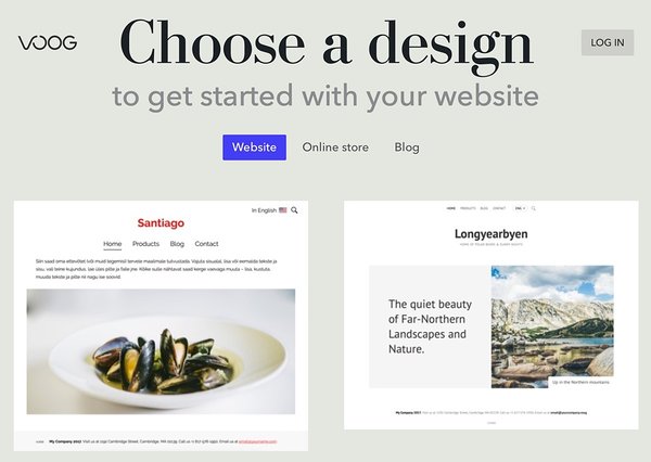 Voog "choose a design" step in creating a website
