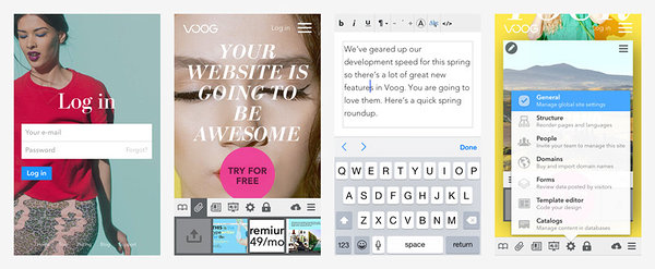 screenshots of Voog website builder for mobile phones 