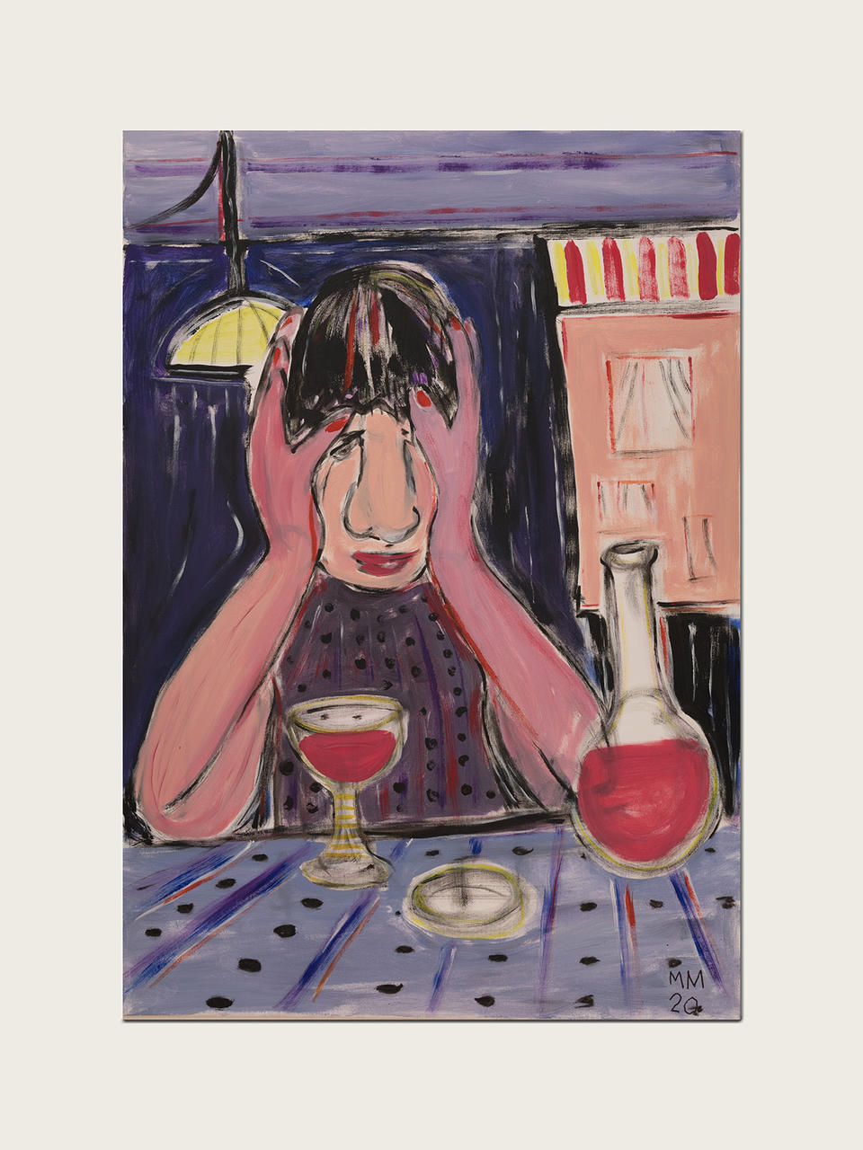 Eines der Bilder, das den Schrecken der Welt mit Blick aufs Menschliche verarbeitet. Grübeln mit Rotwein, Michael Mutschler, 2020, Acryl auf Leinwand, 100x70 cm