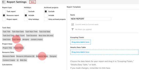 The red circles indicate where you can find the different Note options in the Reports. The red circles indicate where you can find the different Note options in the Reports.