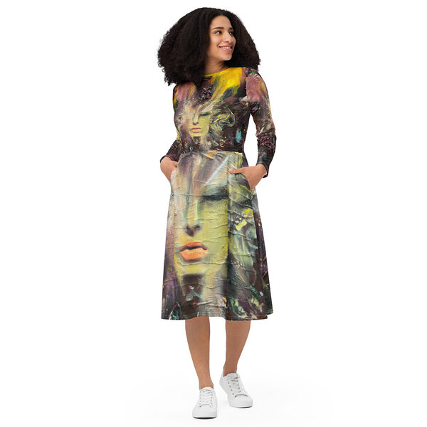 All over print long sleeve midi dress white front 631cd4166b83c