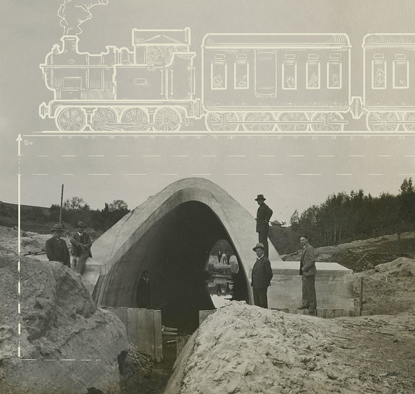 1930 – valmistui Piirojan rautatierumpu. Kuva rakennustyömaalta. Lähde: Tallinnan teknillisen yliopiston museo