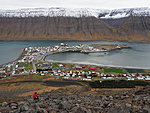 Ísafjörður, in foregroung Veiga playing with the drone, in the back Arktika entering the harbor