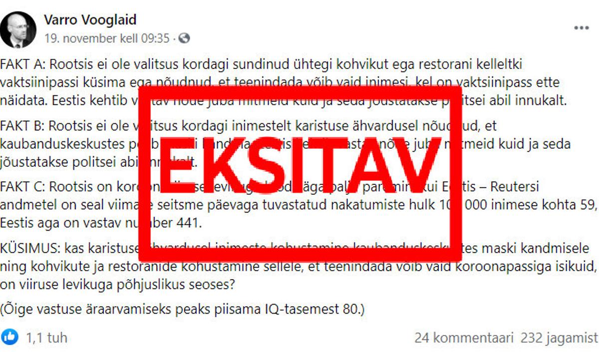 FAKTIKONTROLL | Kas Rootsi parem koroonaolukord tähendab, et Eesti piirangud pole põhjendatud nagu väidab Varro Vooglaid? 