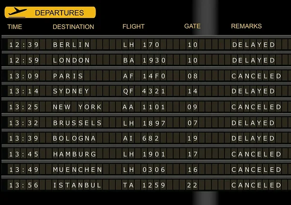 Lendude väljumiste tablo hilinenud ja tühistatud lendudega – FlightClaims aitab saada lennufirmalt lennuhüvitist lennu hilinemise või tühistamise eest vastavalt EL määrusele 261/2004. Lendude väljumiste tablo hilinenud ja tühistatud lendudega – FlightClaims aitab saada lennufirmalt lennuhüvitist lennu hilinemise või tühistamise eest vastavalt EL määrusele 261/2004.