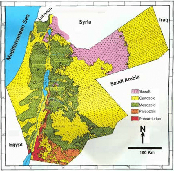 Üldgeoloogiline kaart Jordaania piirkonnast (A. M. Abed, 2019).