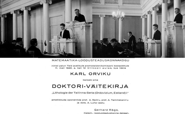 Ülal: Karl Orviku doktoritööd kaitsmas 11.05.1940 Tartus; All: kutse kaitsmisele