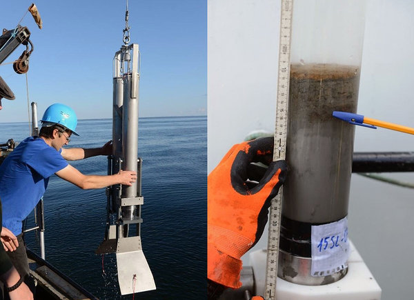 Joonis 3. GEMAX proovivõtja setteläbilõigete proovimiseks merepõhjast (vasakul) ning setteläbilõige (paremal).