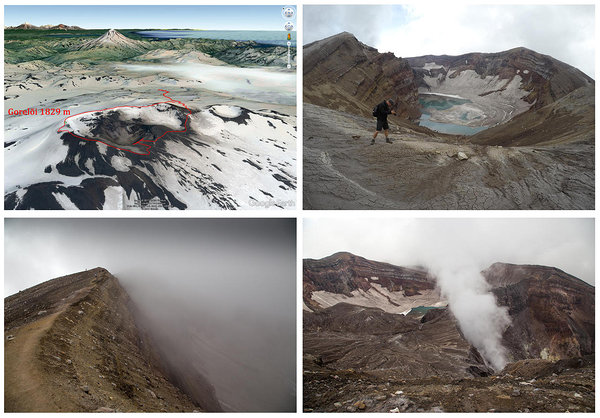 Ülal vasakul: Kraatri servatraavers; Ülal paremal: Järv suurema kraatri põhjas. Nõlvadel on näha tefra kihte; All vasakul: Pilvede mäng kraatri serval; All paremal: Kõrvalkraatrid