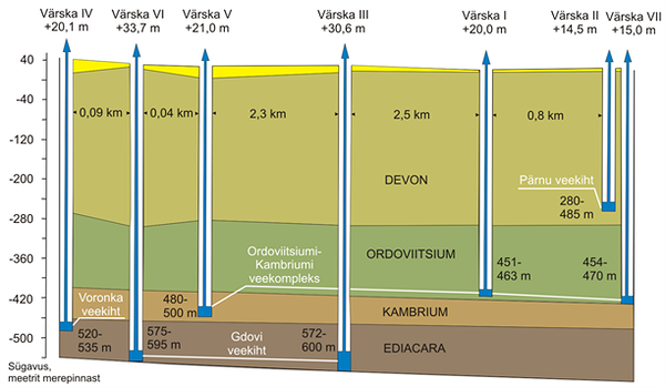 Joonis 1. Värska mineraalvee puurkaevude asend geoloogilises läbilõikes.