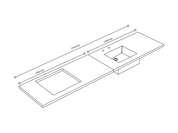 selgitav joonis: köögi tööpind pliidiava (490x560mm) ja integreeritud valamuga