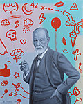 &quot;Analüüsi seda&quot; Õli lõuendil, 80x100 cm. Soovisin katsetada mustvalge maaliga, Freudi suutsin mustvalgeks jätta, taust läks ikka värviliseks. Karantiin on ideaalne aeg, et tegeleda sisekaemusega. MÜÜDUD Tartu kunstioksjonil.