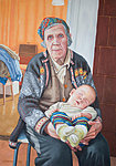 &quot;Four generations, why granny smiles&quot; Oil on canvas, 70x100 cm. Great-grandmother with her great-grandchild. 