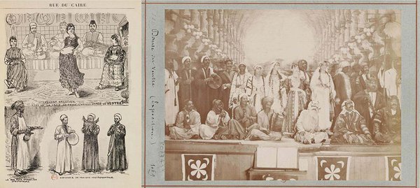 Vasakpoolsel pildil Georges Coutani karikatuur Kairo tänavast 1889. aasta Pariisi maailmanäitusel allkirjaga “Egiptuse kontsert, see siin on tõeline, ainulaadne kõhutants!”. Parempoolsel Egiptuse kontserdi esinejate koosseis. Fotod: gallica.bn.fr / Prantsuse Rahvusraamatukogu. Vaata ka Edisoni kompanii filmi “Fatima’s Coochee Coochee Dance“ (1896), milles tantsib 1893. aasta Chicago maailmanäitusel üles astunud Fahreda Mazar Spyropoulos ehk "Fatima"