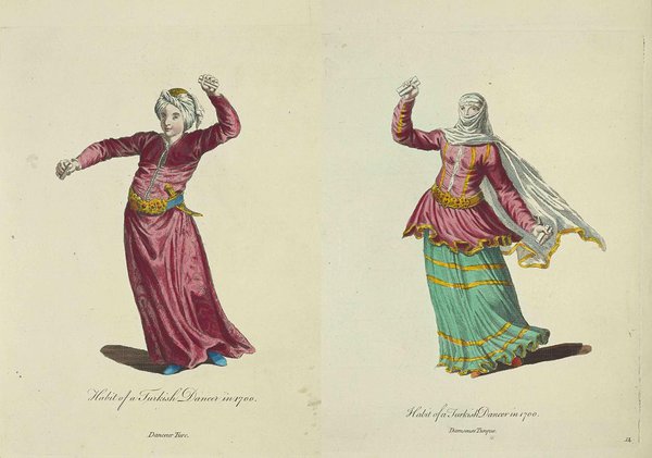 Osmanite õukonna mees- ja naistantsija (çengi) kujutised umbes aastast 1700. Wikimedia Commons