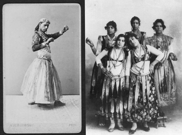 19. sajandi Egiptuses olid nii mees- kui naissoost avalikult esinevad tantsijad tavalised. Vasakpoolsel fotol on kujutatud khawal umbes aastast 1870, parempoolsel rühm ghaziyasid umbes aastast 1880. Wikimedia Commons