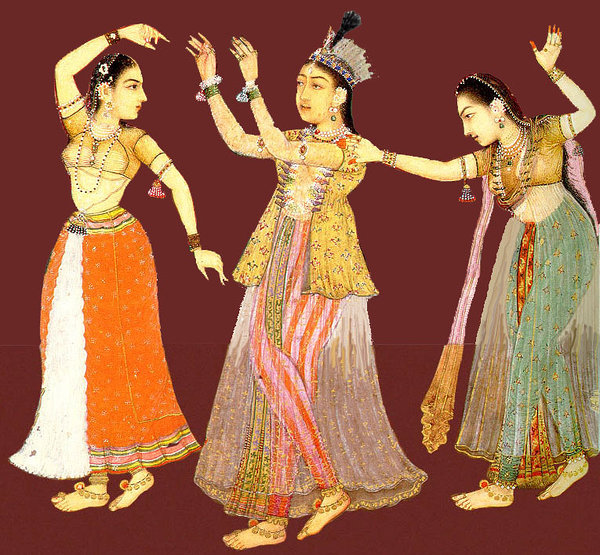 Tantsivad Moguli naised. Auguste Racineti raamatust "Le Costume Historique", mis ilmus Prantsusmaal vahemikus 1876–1888. Wikimedia Commons