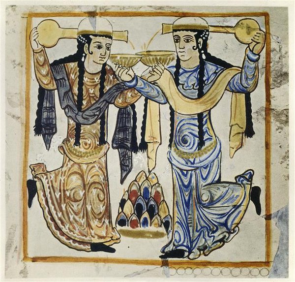 Tantsijad veinikannudega. Fragment freskolt Jawsaq al-Ḵāqānī palees Samarras, 9. sajand. BPK, Berlin, Dist. RMN-Grand Palais / image BPK