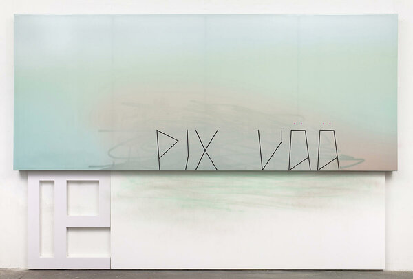 Pix Vää, 2012, acrylic on canvas, inkjet on UV vinyl, PVC, 89 x 132 x 4 inches