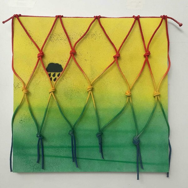 Raincloud (Yellow/Green), 2016, acrylic on canvas, painted cotton rope, 30 x 30 inches