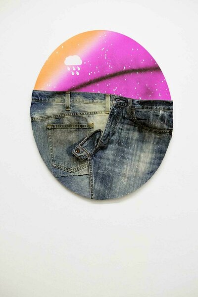 American Dirt Effect (Purple Tondo), 2017, upcycled denim and acrylic on canvas, 24 x 20 inches 