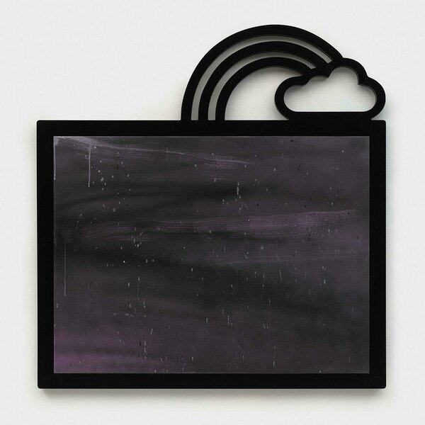 Uncontained (Purple with Cloud and Rainbow), 2020, acrylic on canvas, PVC and plexiglas artist&#x27;s frame, 46 x 44 1/4 inches