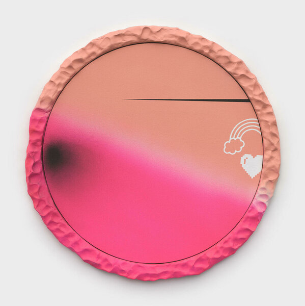Lens Flare (Pink/Orange), 2021, acrylic on canvas, wood, epoxy resin, 23 inches dia