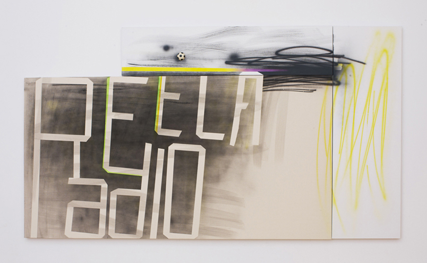 Et la Radio, 2010, acrylic on three canvases, foam ball, 65 1/4 x 117 1/4 inches