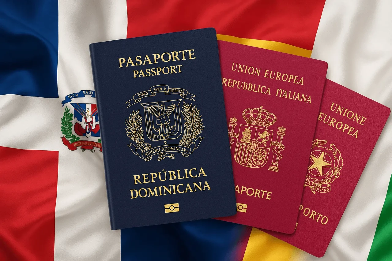 Pasaportes dominicano, español e italiano - frecuentemente obtenidos por nuestros clientes a quienes hemos ayudado con ciudadanía dominicana por descendencia, y certificados de nacionalidad y no nacionalidad.