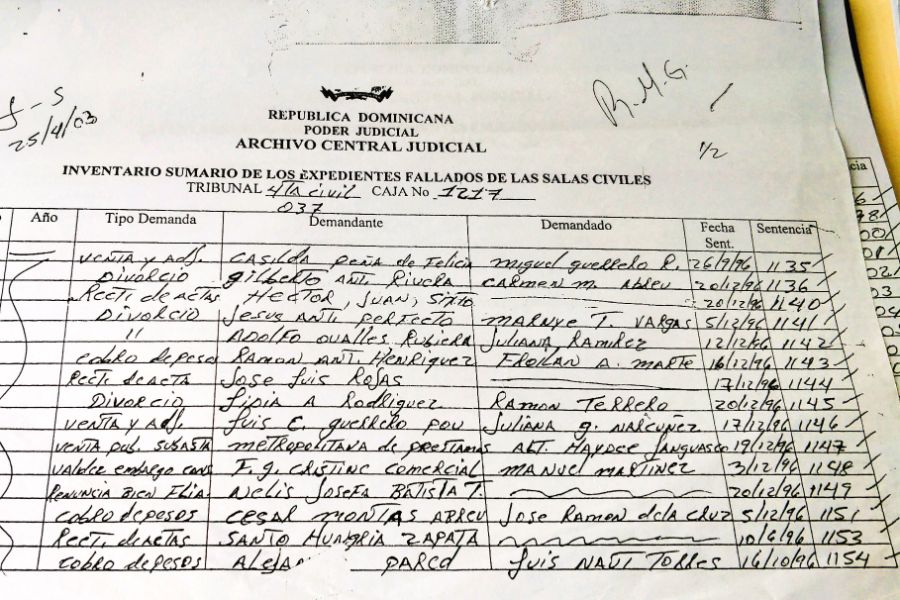 Una página de sentencias de la Cuarta Sala Civil del Distrito Nacional, solo uno de los muchos tipos de registros públicos dominicanos que investigamos.