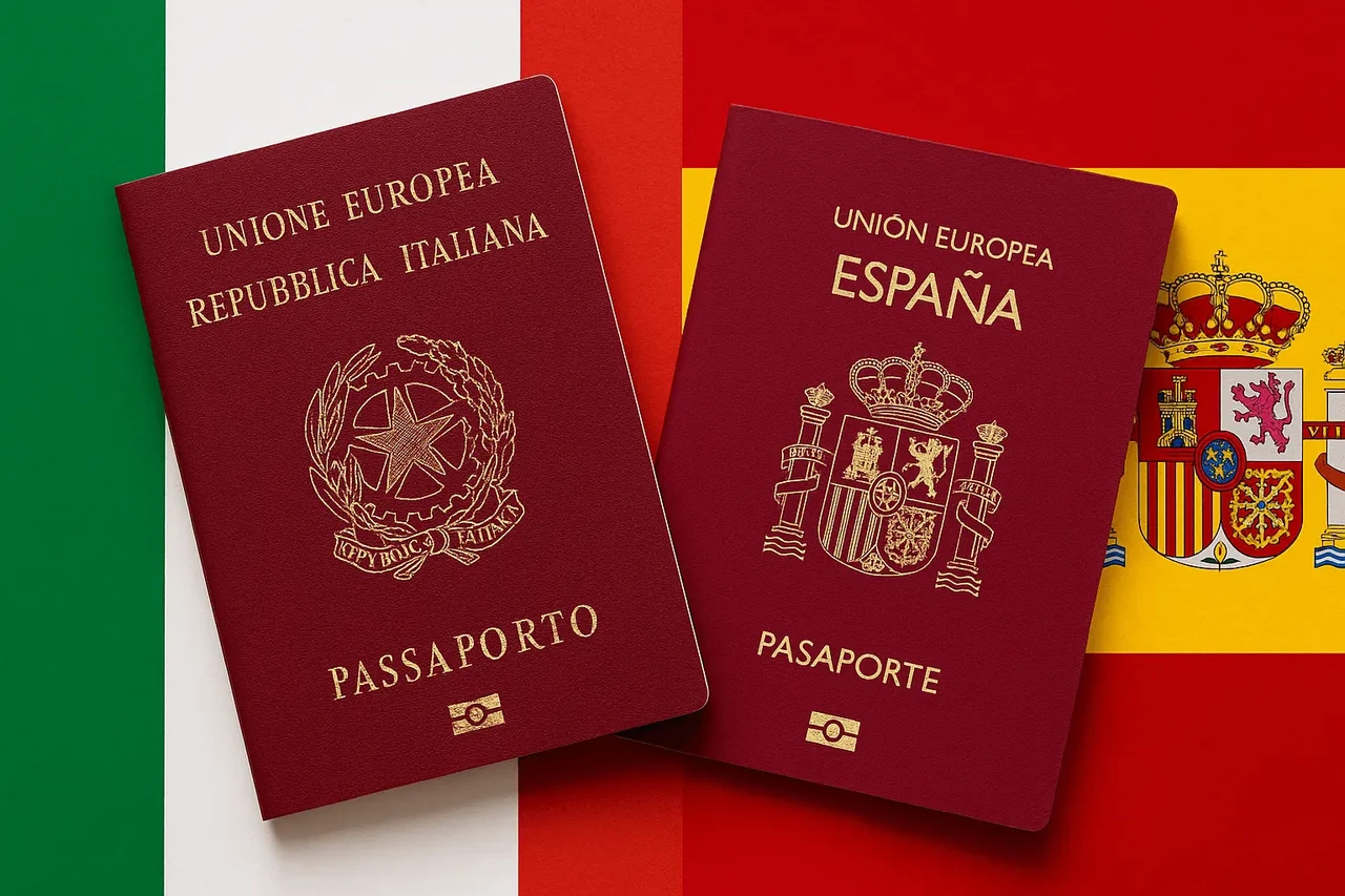 Italian and Spanish passports on Italian and Spanish flags obtained often by our clients who have received from us their Dominican certificates of no nationality.