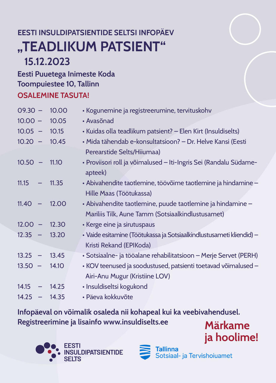 Insuldiseltsi infopäev "Teadlikum patsient" 15.12.2023 Insuldiseltsi infopäev "Teadlikum patsient" 15.12.2023
