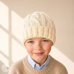 Hand knitted wool blend cable knit beanie hat kids ivory white rahecraft model front