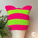 Merino cat ear beanie neon pink lime green front view striped merino hat rahecraft