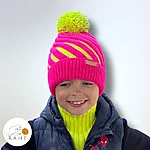 Neon pink yellow merino kids beanie front view rahecraft