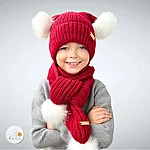 Red wool blend winter hat white faux fur pompoms rahecraft