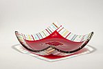 Fused glass plate red with a striped edge