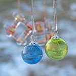 Blown glass ornaments, blue and green