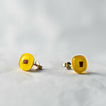 Yellow fused glass earrings with copper square, 925 sterling silver post