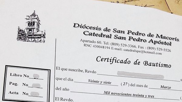 foto de un certificado dominicano de bautismo de Puerto Plata