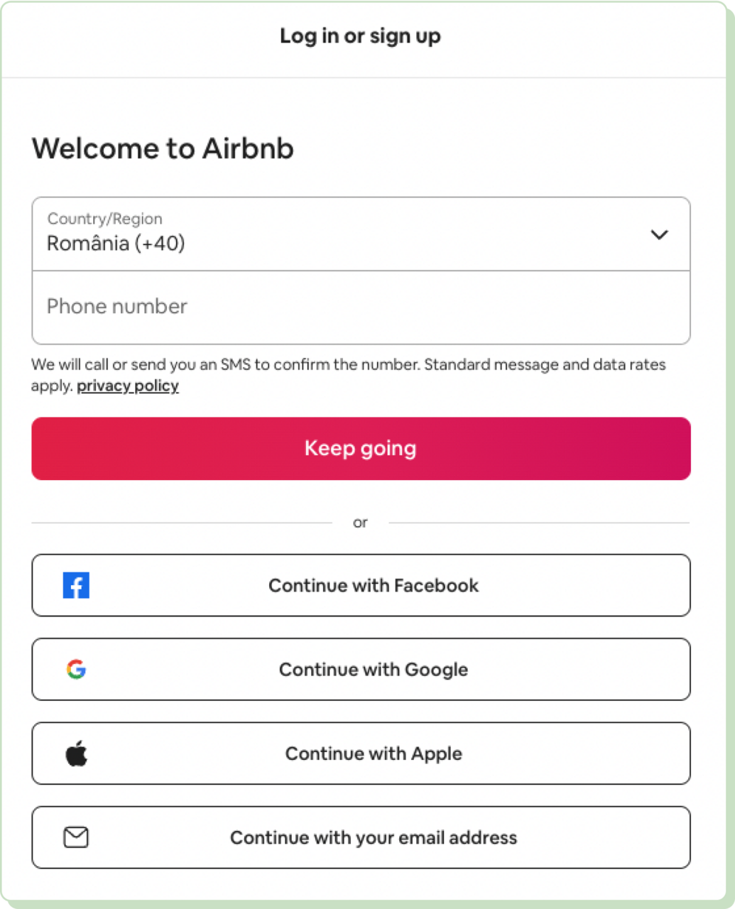 Airbnb landing page form